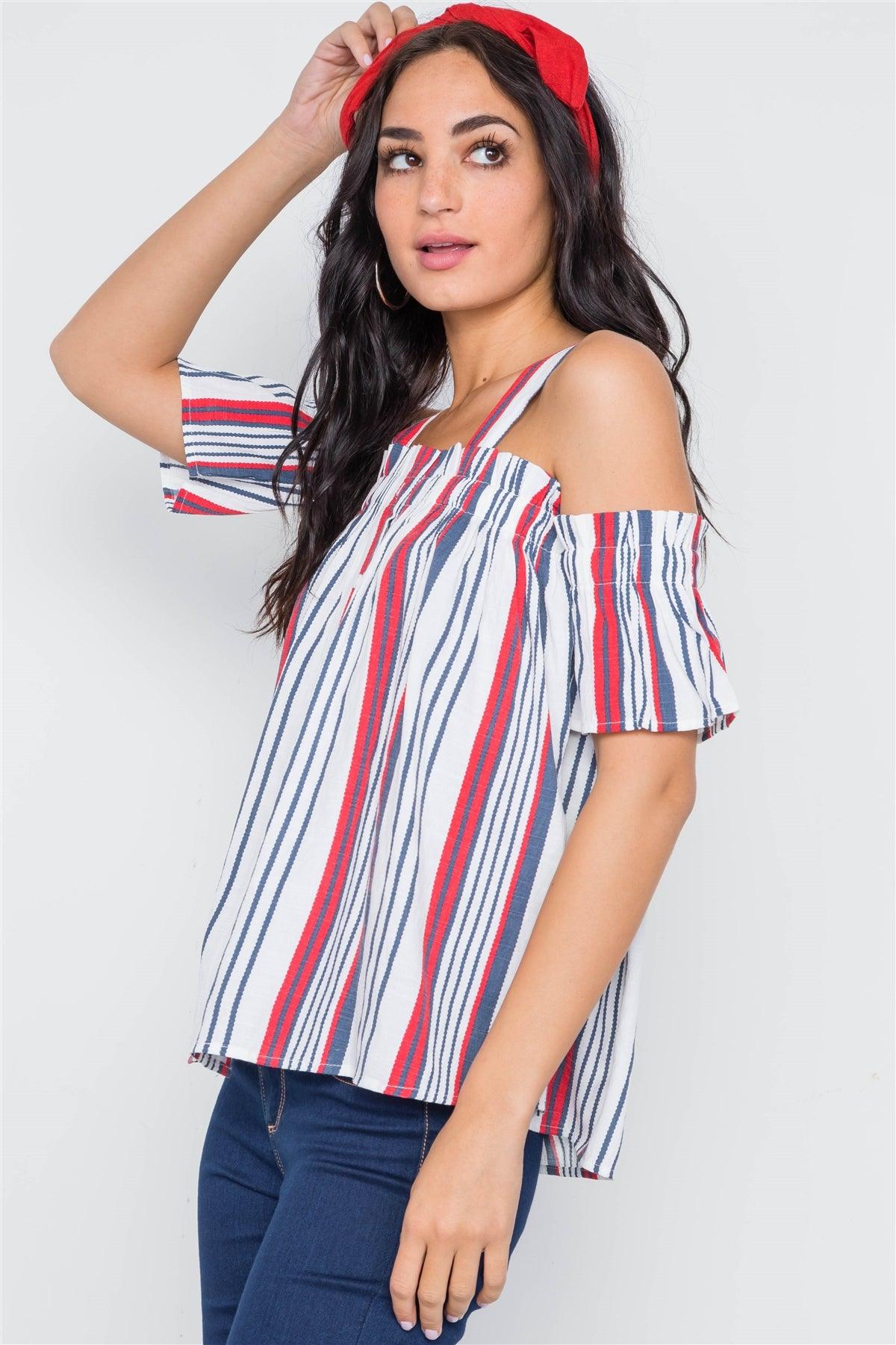 Red Navy Stripe Button Down Cold Shoulder Top /3-2-1