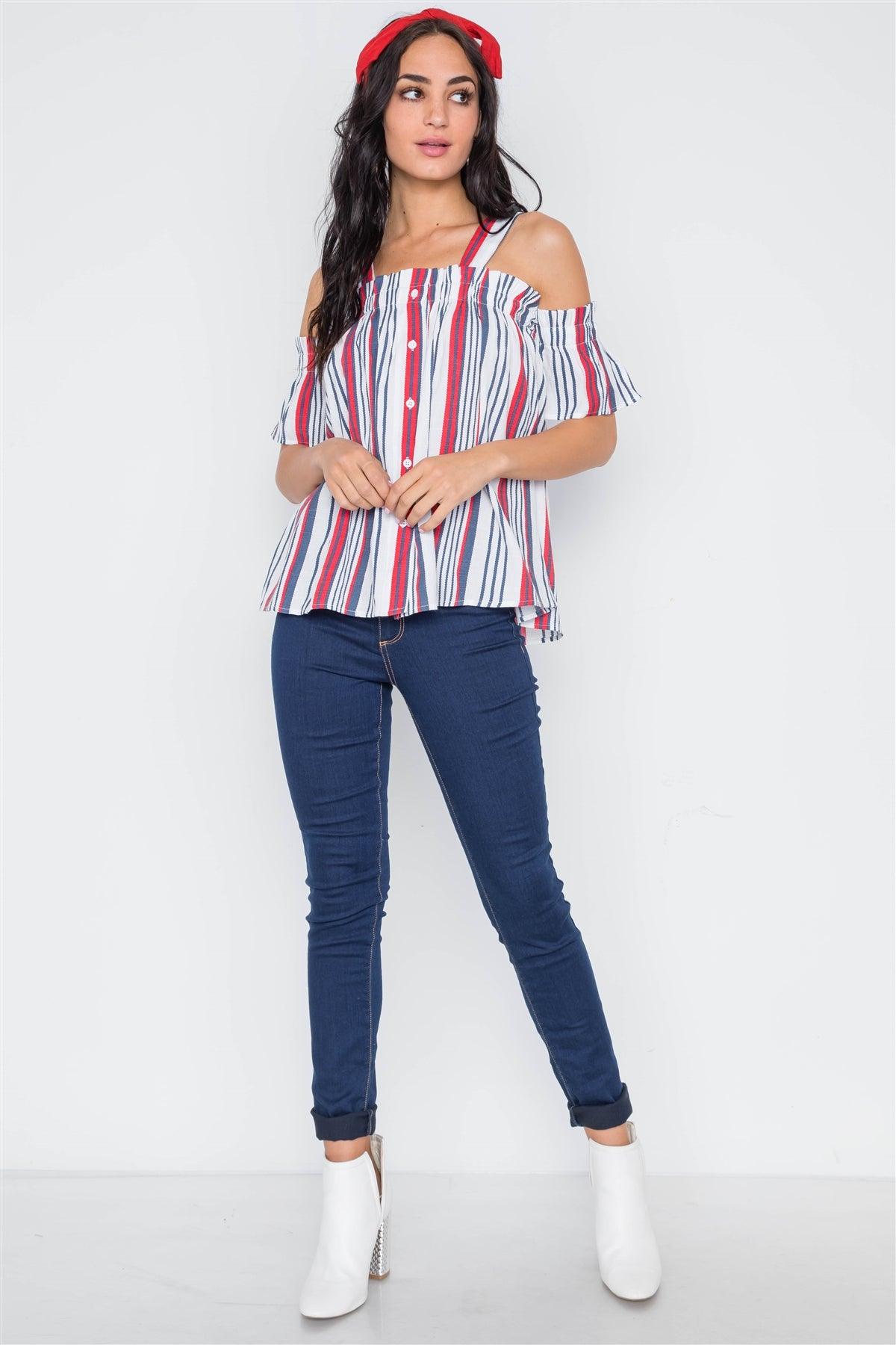 Red Navy Stripe Button Down Cold Shoulder Top /3-2-1