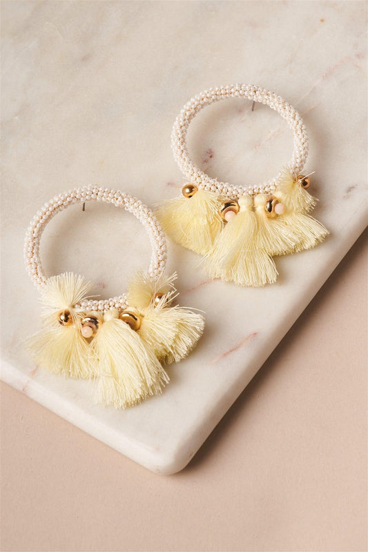 White Yellow Beaded Hoop Tassel Earrings /6 Pairs