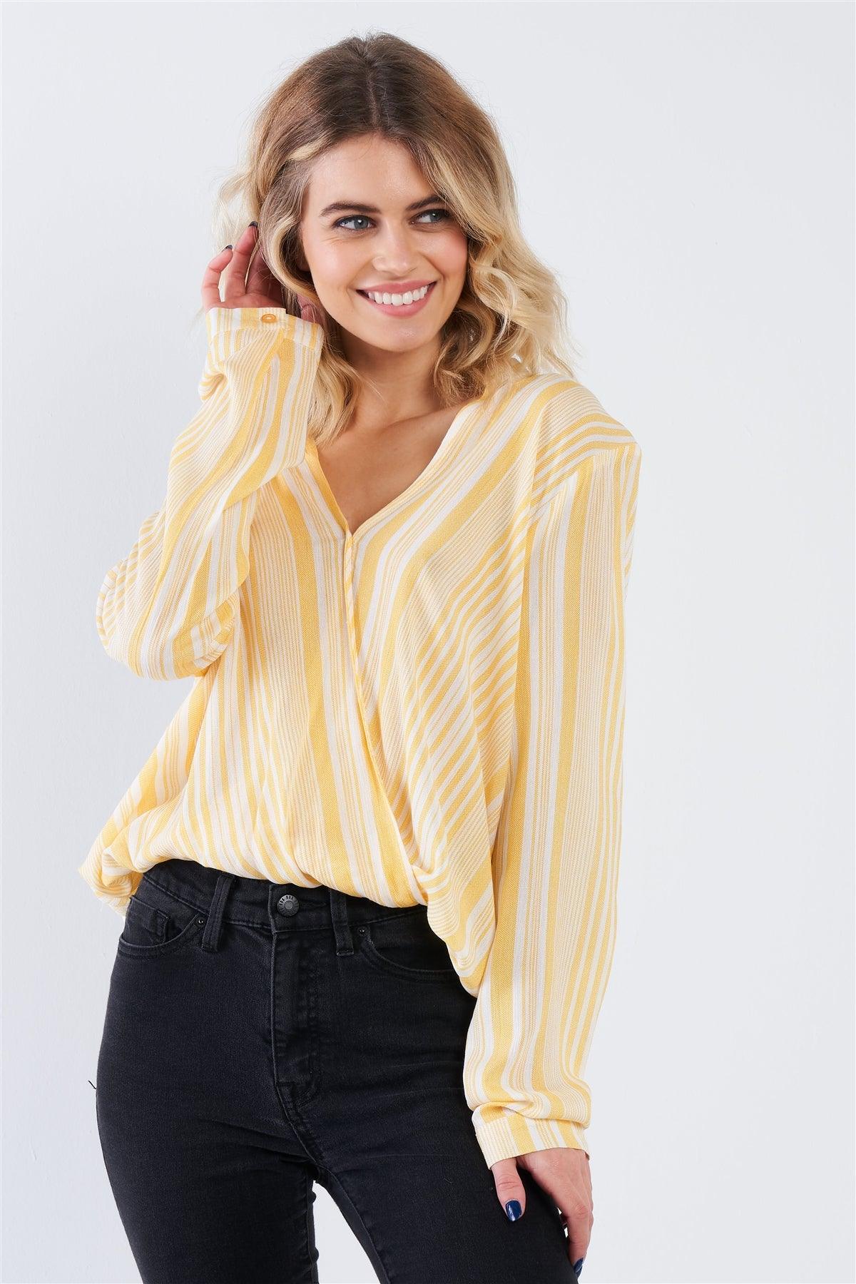 Lemon Yellow Drop & White Stripe V-Neck Top  /2-2-1