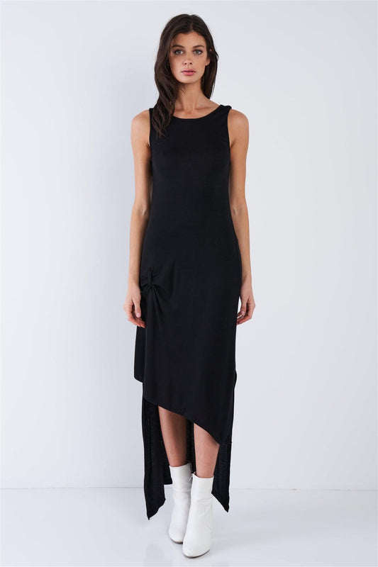 Black Ribbed Asymmetrical High-Low Maxi Dress /2-2-1