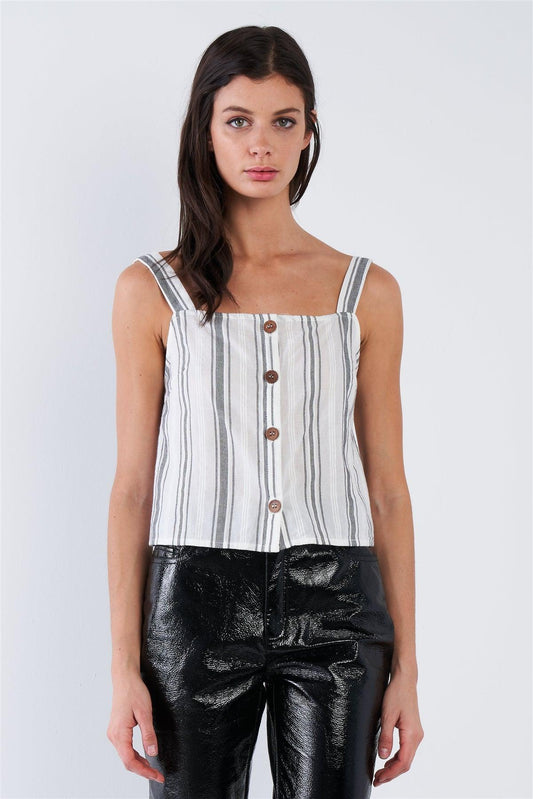 White & Black Stripe Front Button Tank Top /3-2-1