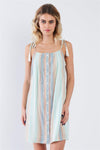 Mint Blue & Green Multi Stripe Tassel Straps Mini Festival Chic Dress /3-2