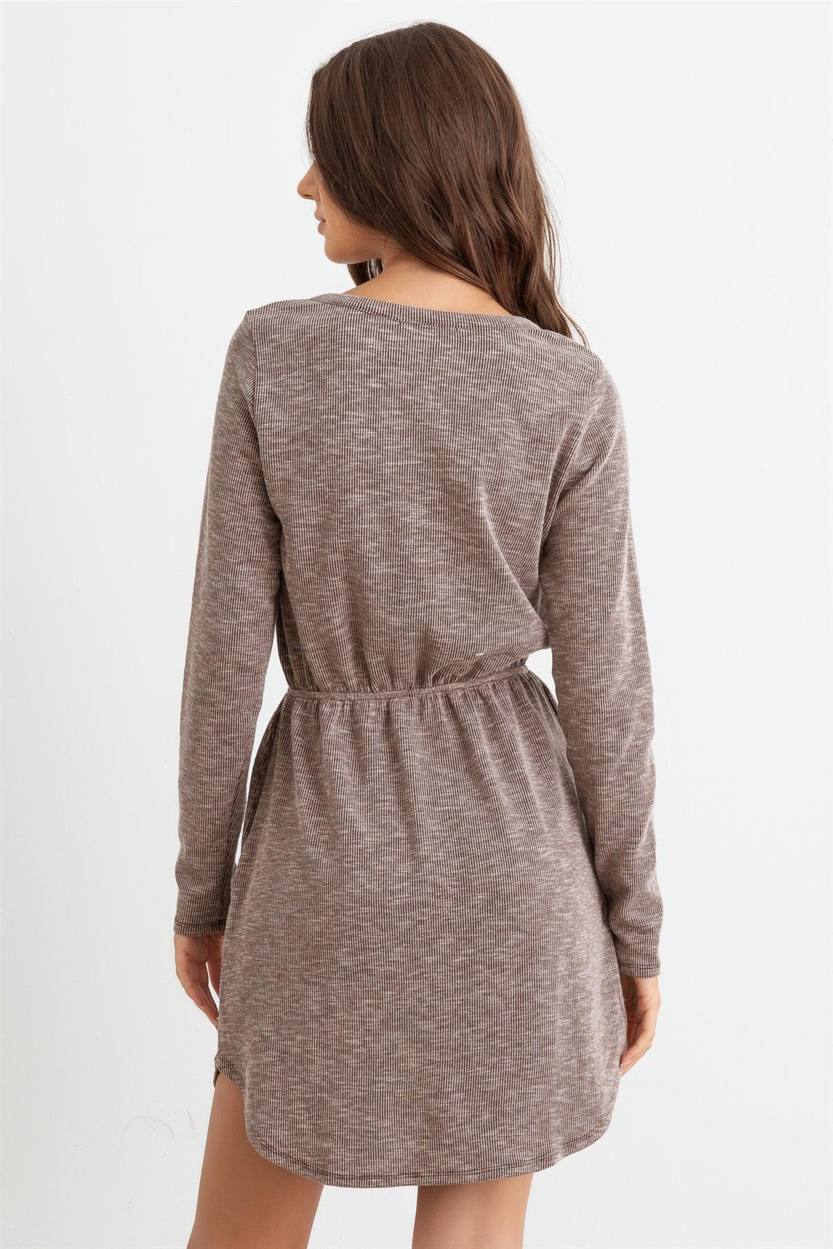 Chocolate Ribbed Button Neck Two Pocket Long Sleeve Mini Dress /1-2