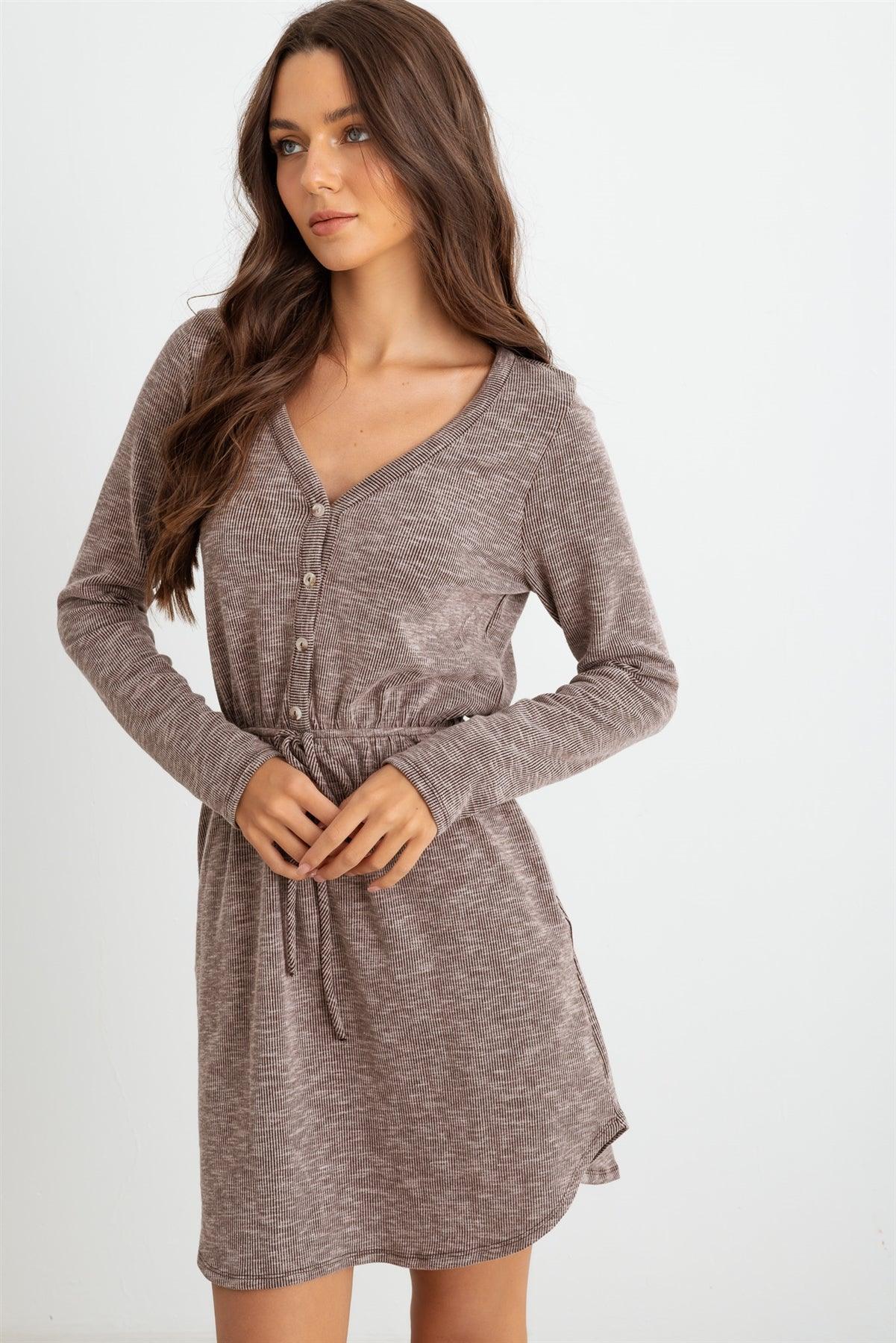 Chocolate Ribbed Button Neck Two Pocket Long Sleeve Mini Dress /1-2