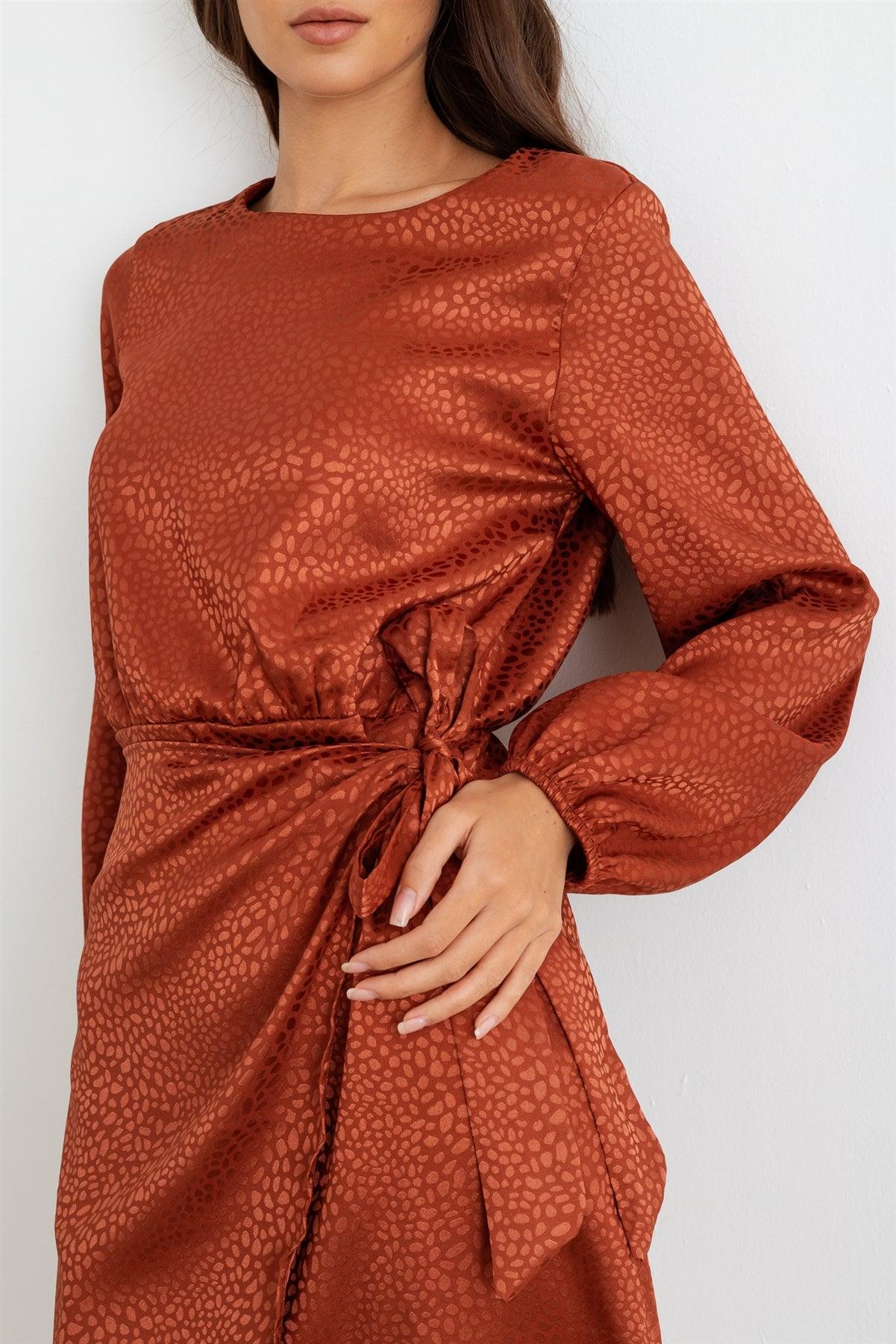 Rust Printed Satin Wrap Hem Long Sleeve Mini Dress /3-2-2