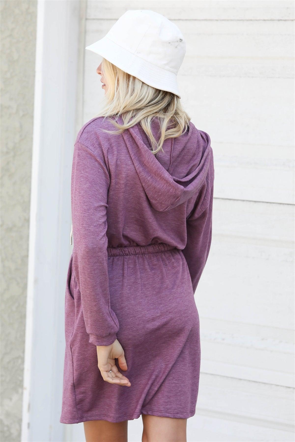 Plum Button Up Detail Hooded Long Sleeve Mini Dress /1-2-2 - Tasha Apparel Wholesale