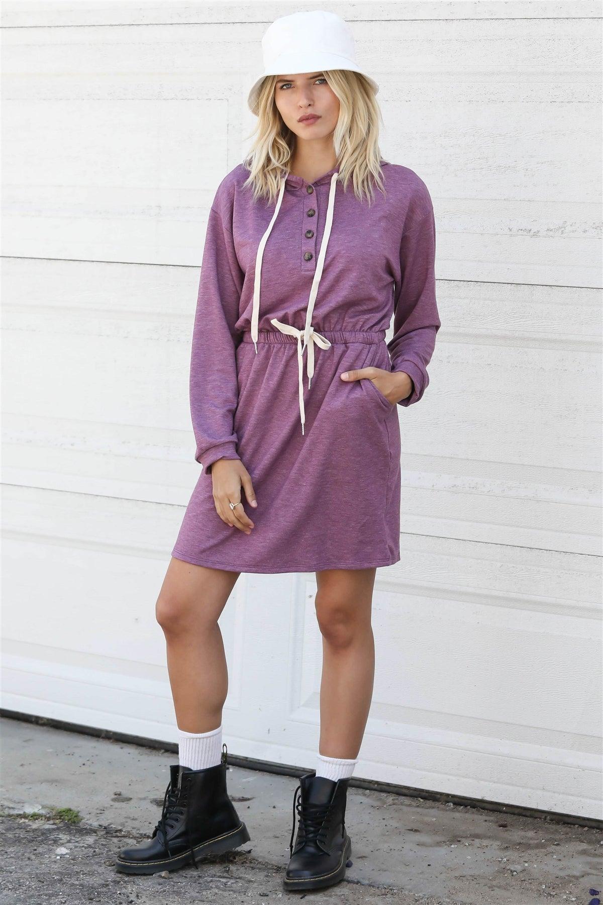 Plum Button Up Detail Hooded Long Sleeve Mini Dress /1-2-2 - Tasha Apparel Wholesale