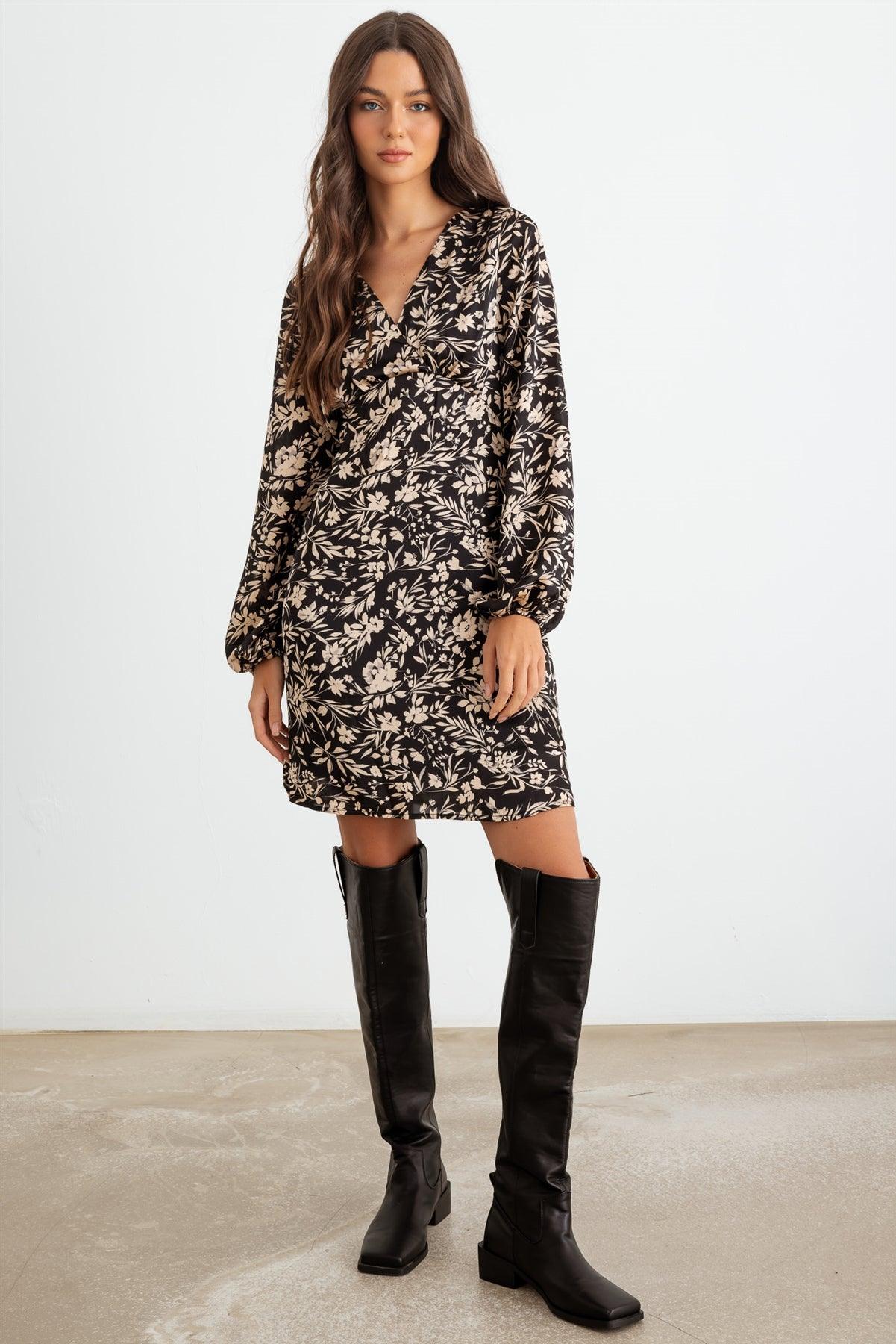 Black & Taupe Flower Satin Long Sleeve Wrap Neck Mini Dress /2-2-2