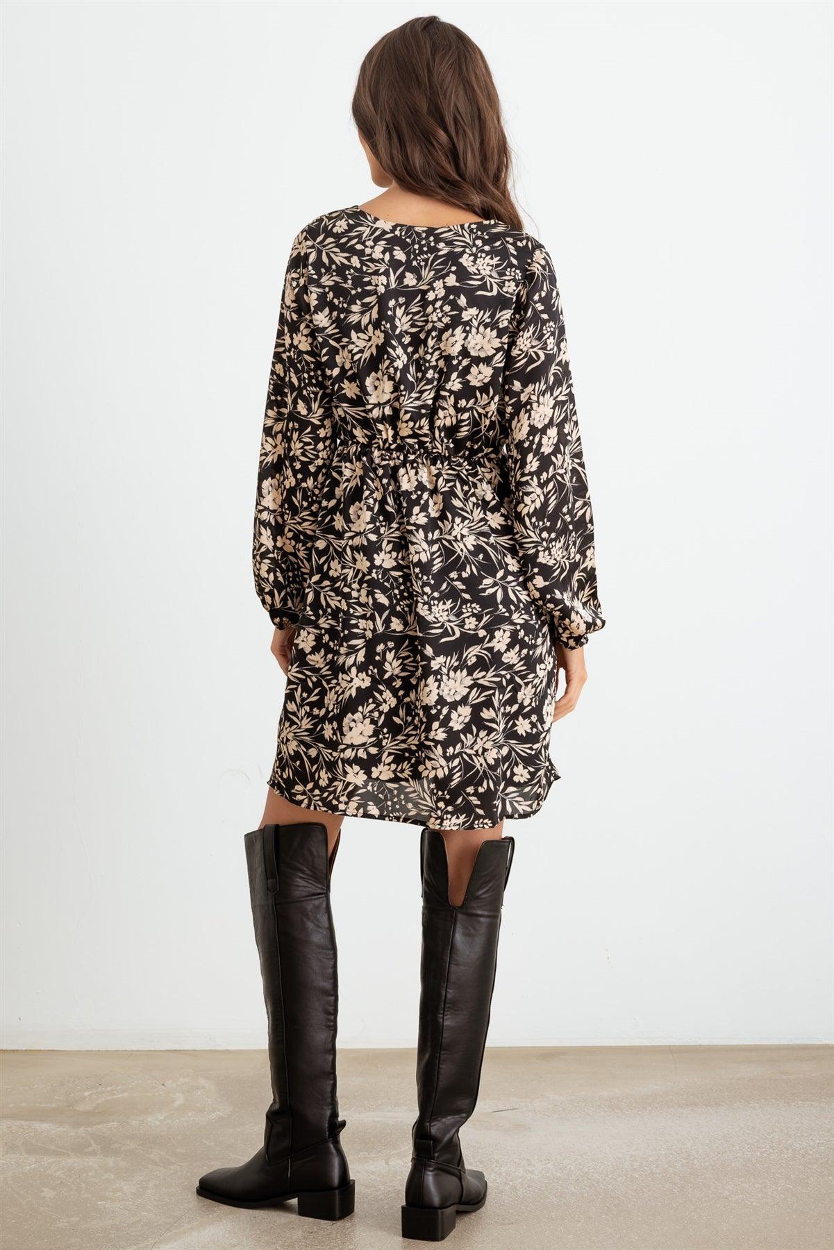 Black & Taupe Flower Satin Long Sleeve Wrap Neck Mini Dress /2-2-2