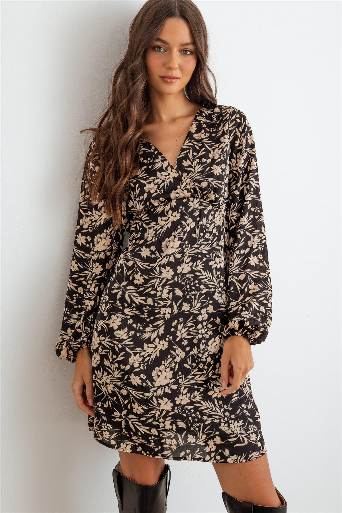 Black & Taupe Flower Satin Long Sleeve Wrap Neck Mini Dress /2-2-2