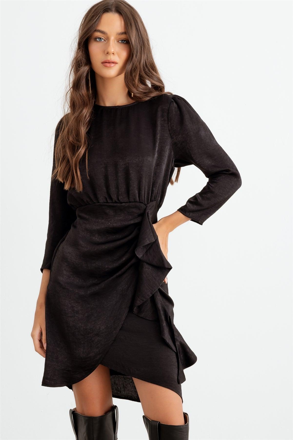 Black Satin Midi Sleeve Ruffle Side Wrap Mini Dress /2-2-2