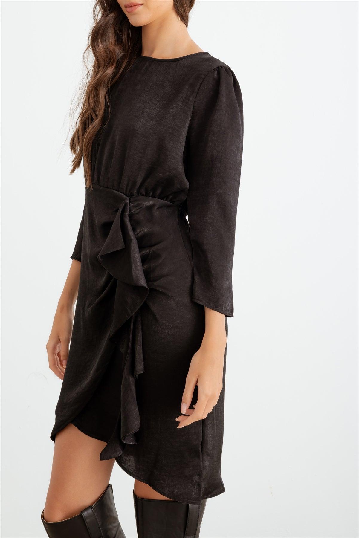 Black Satin Midi Sleeve Ruffle Side Wrap Mini Dress /2-2-2