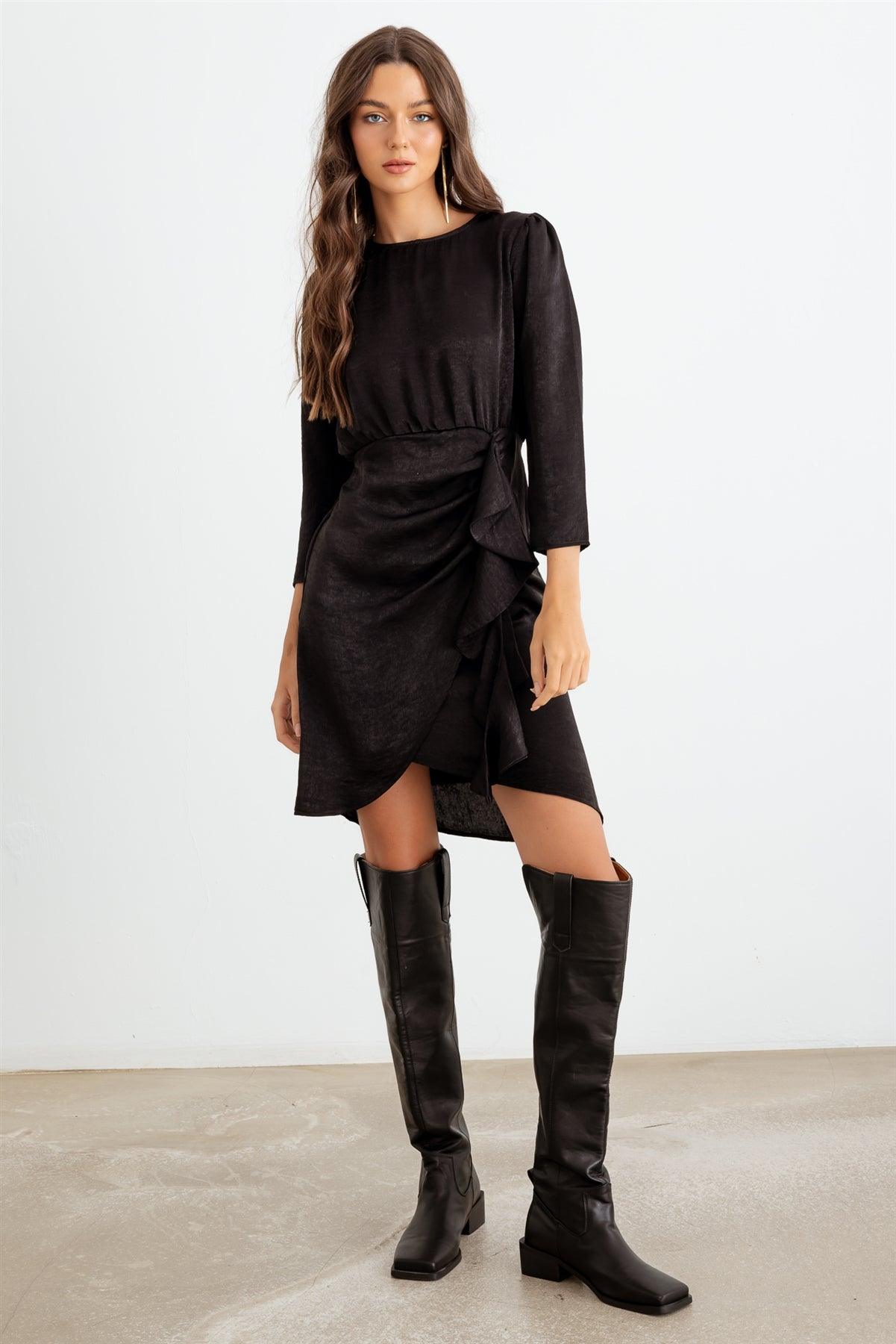 Black Satin Midi Sleeve Ruffle Side Wrap Mini Dress /2-2-2