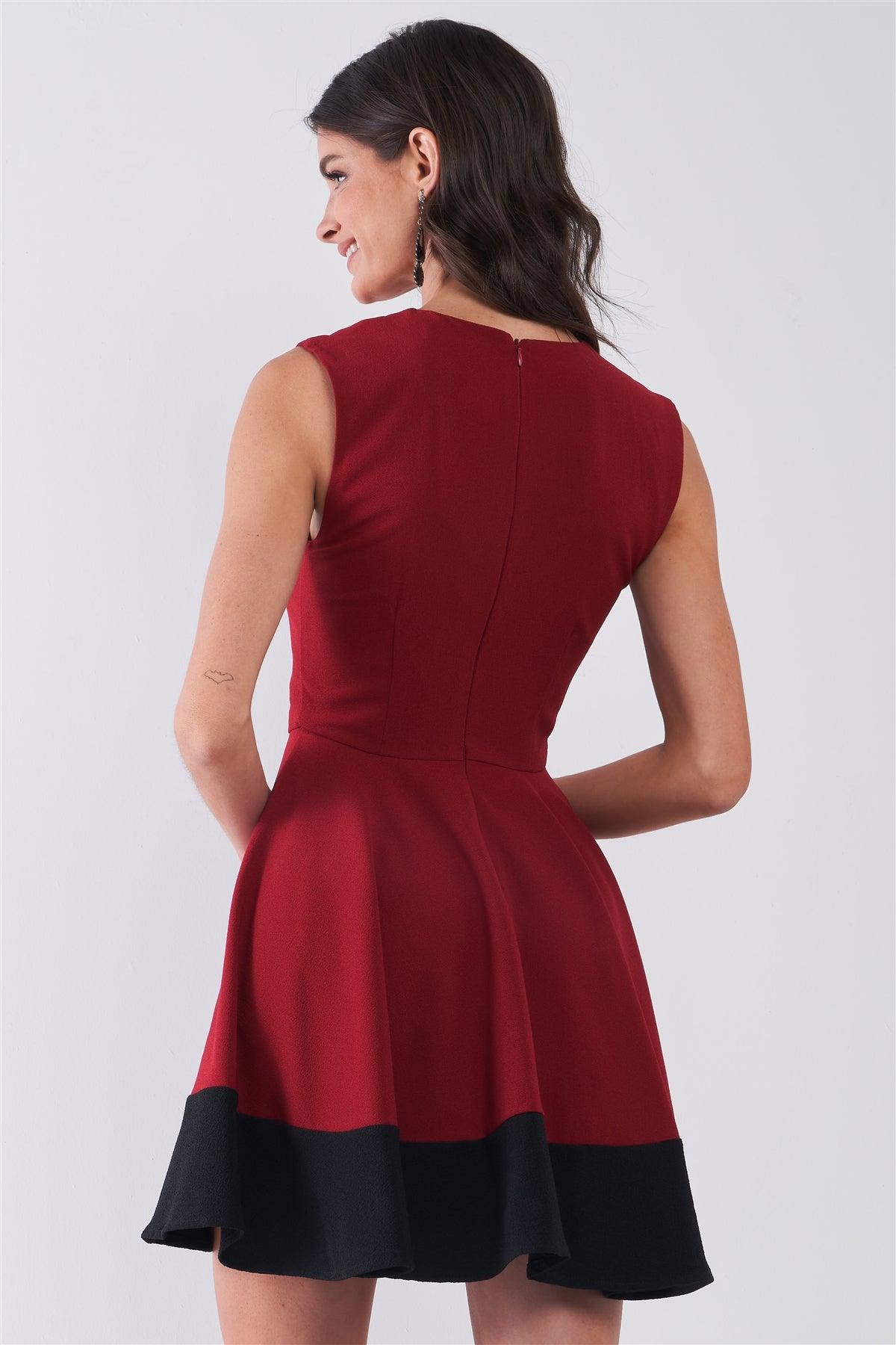 Wine Red & Black Hem Detail Sleeveless A-Line Flare Mini Dress /2-3-1