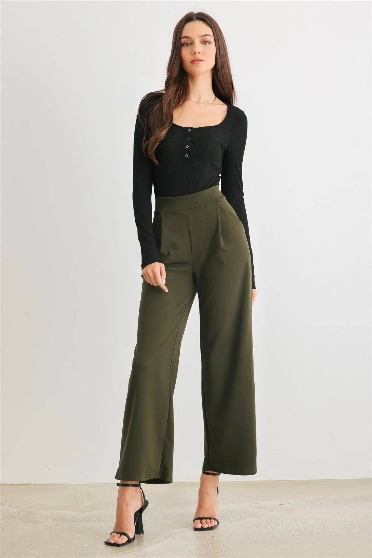 Olive Two Pocket High Waist Wide Leg Pants /3-2-3 - Tasha Apparel Wholesale