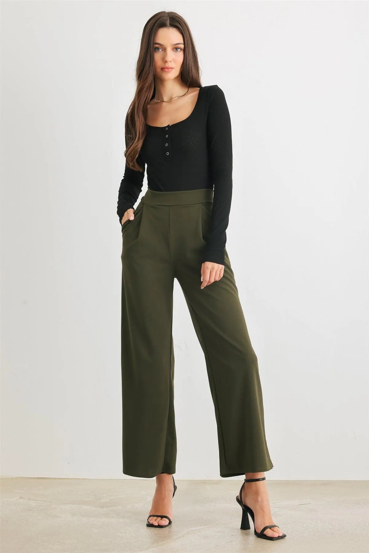 Olive Two Pocket High Waist Wide Leg Pants /3-2-3 - Tasha Apparel Wholesale