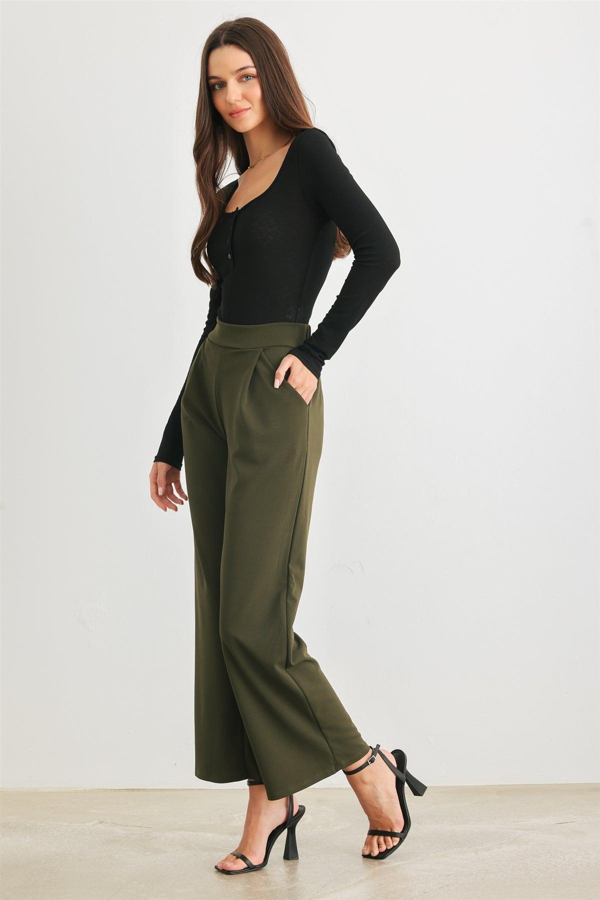 Olive Two Pocket High Waist Wide Leg Pants /3-2-3 - Tasha Apparel Wholesale