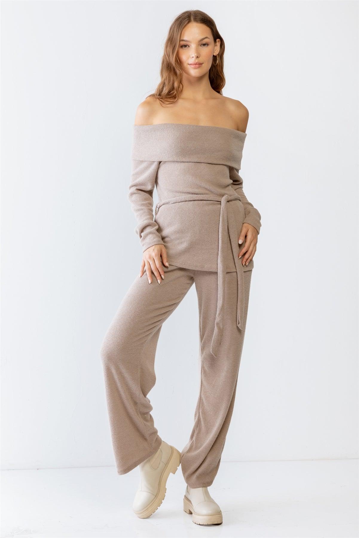 Mocha Ribbed Soft To Touch Off-The-Shoulder Belted Top & Two Pocket High Waist Pants Set S-M-L/1-2-2 - Tasha Apparel Wholesale