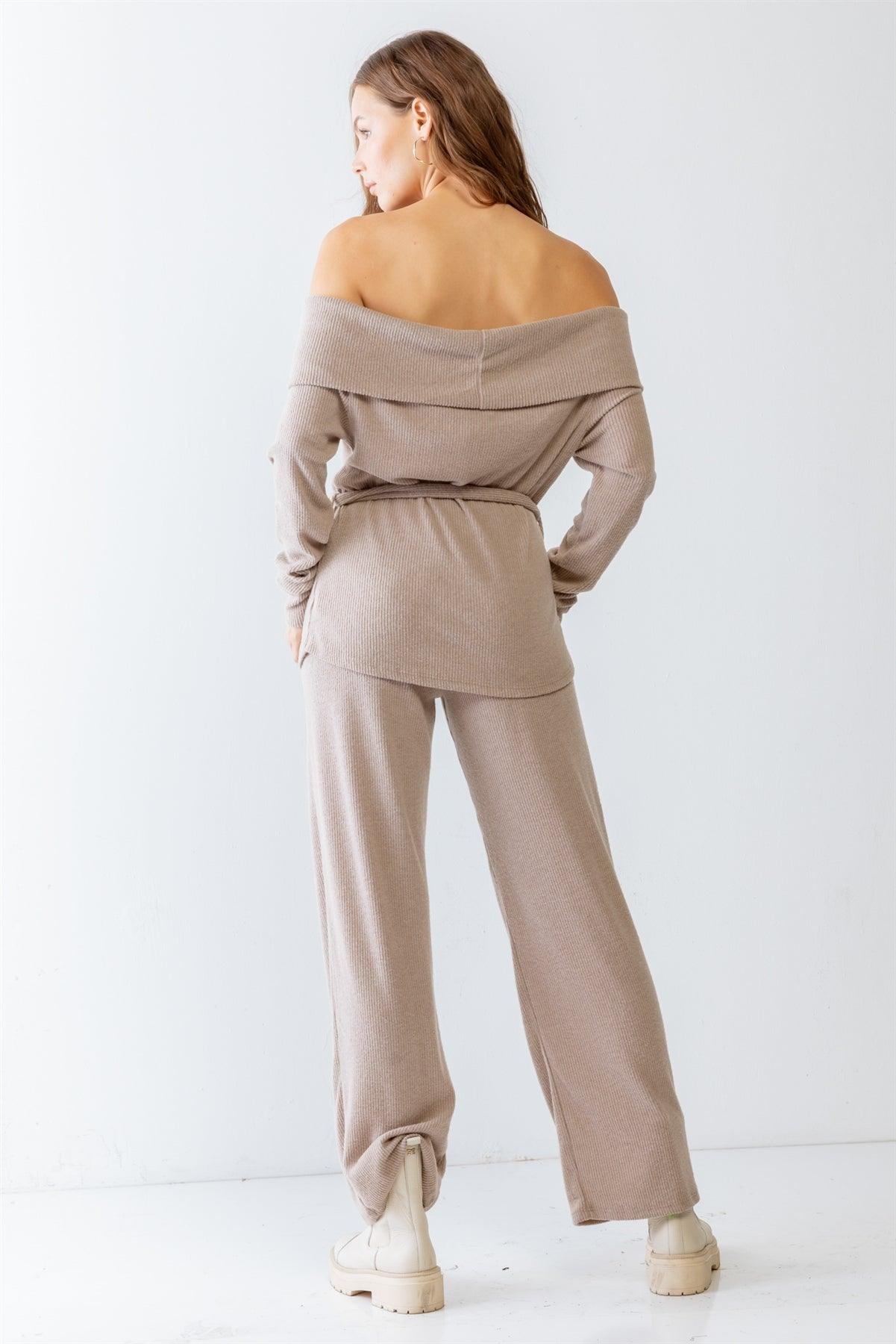 Mocha Ribbed Soft To Touch Off-The-Shoulder Belted Top & Two Pocket High Waist Pants Set S-M-L/1-2-2 - Tasha Apparel Wholesale