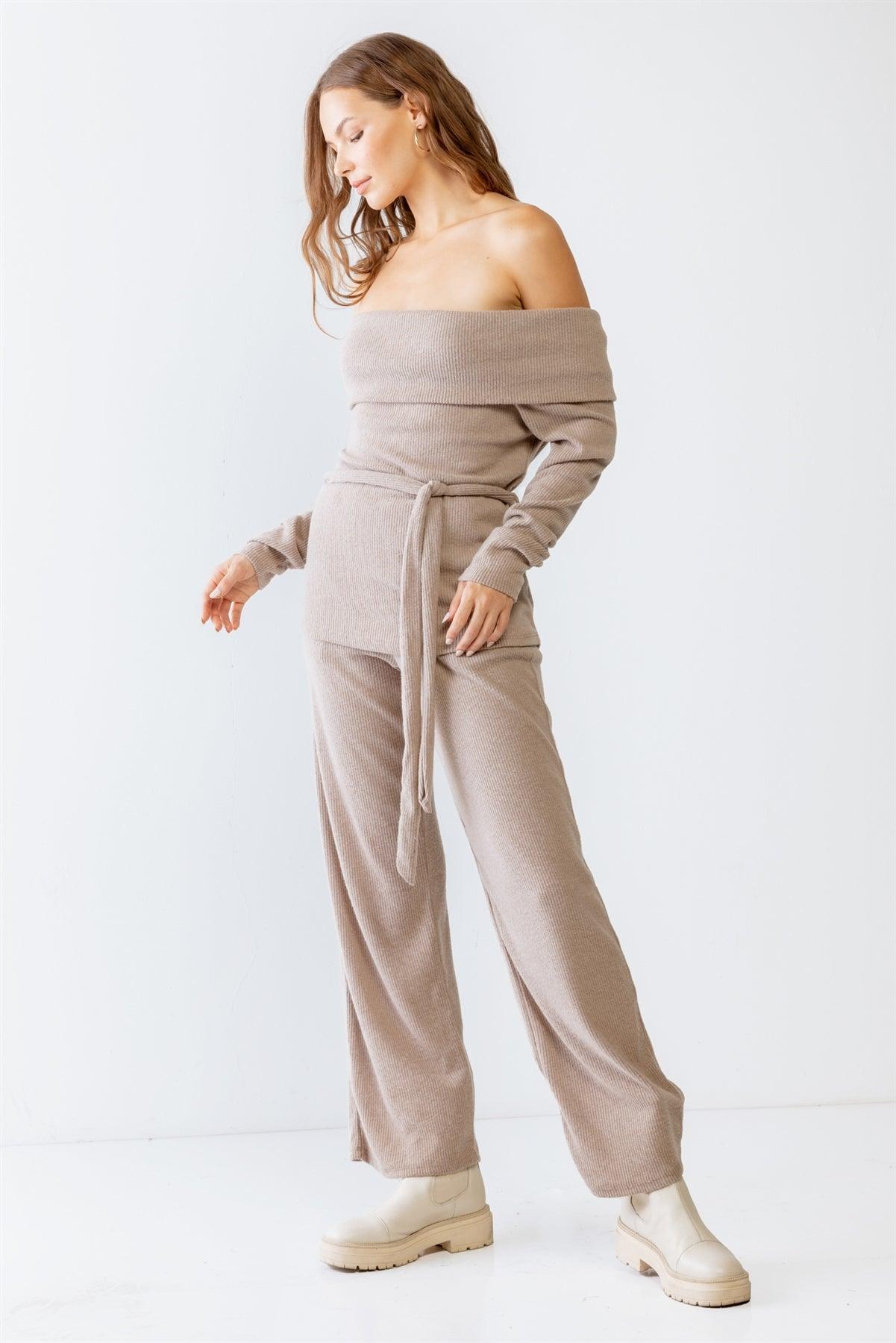 Mocha Ribbed Soft To Touch Off-The-Shoulder Belted Top & Two Pocket High Waist Pants Set S-M-L/1-2-2 - Tasha Apparel Wholesale