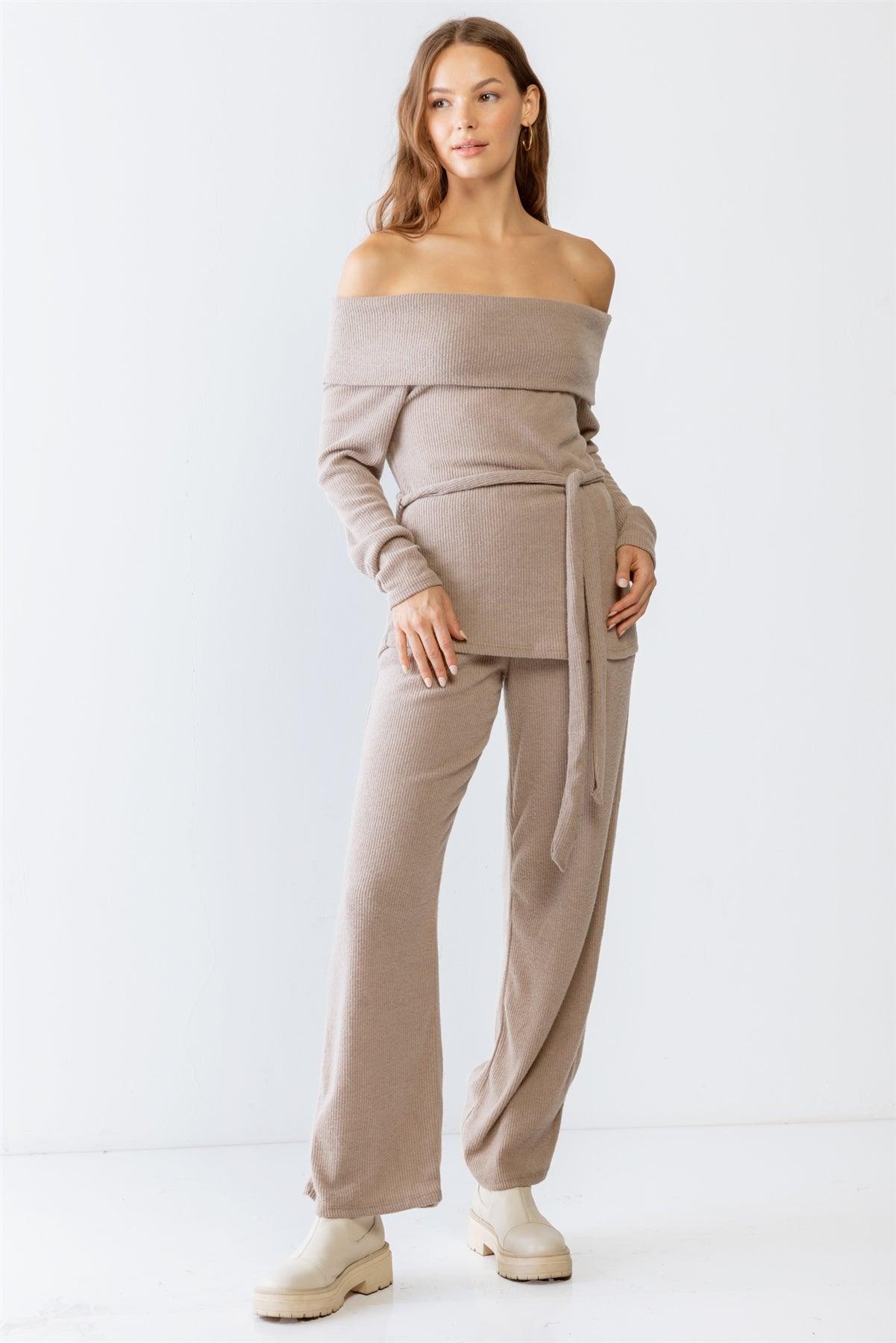 Mocha Ribbed Soft To Touch Off-The-Shoulder Belted Top & Two Pocket High Waist Pants Set S-M-L/1-2-2 - Tasha Apparel Wholesale