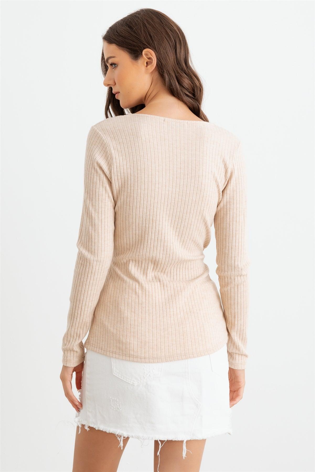 Oatmeal Ribbed Wrap Front Long Sleeve Top /2-2-2