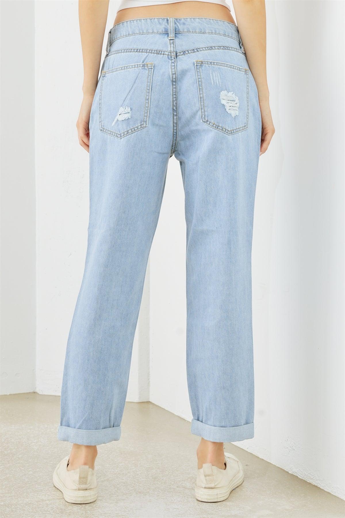 Light Blue Denim Cotton Ripped High Waist Jeans  - 16