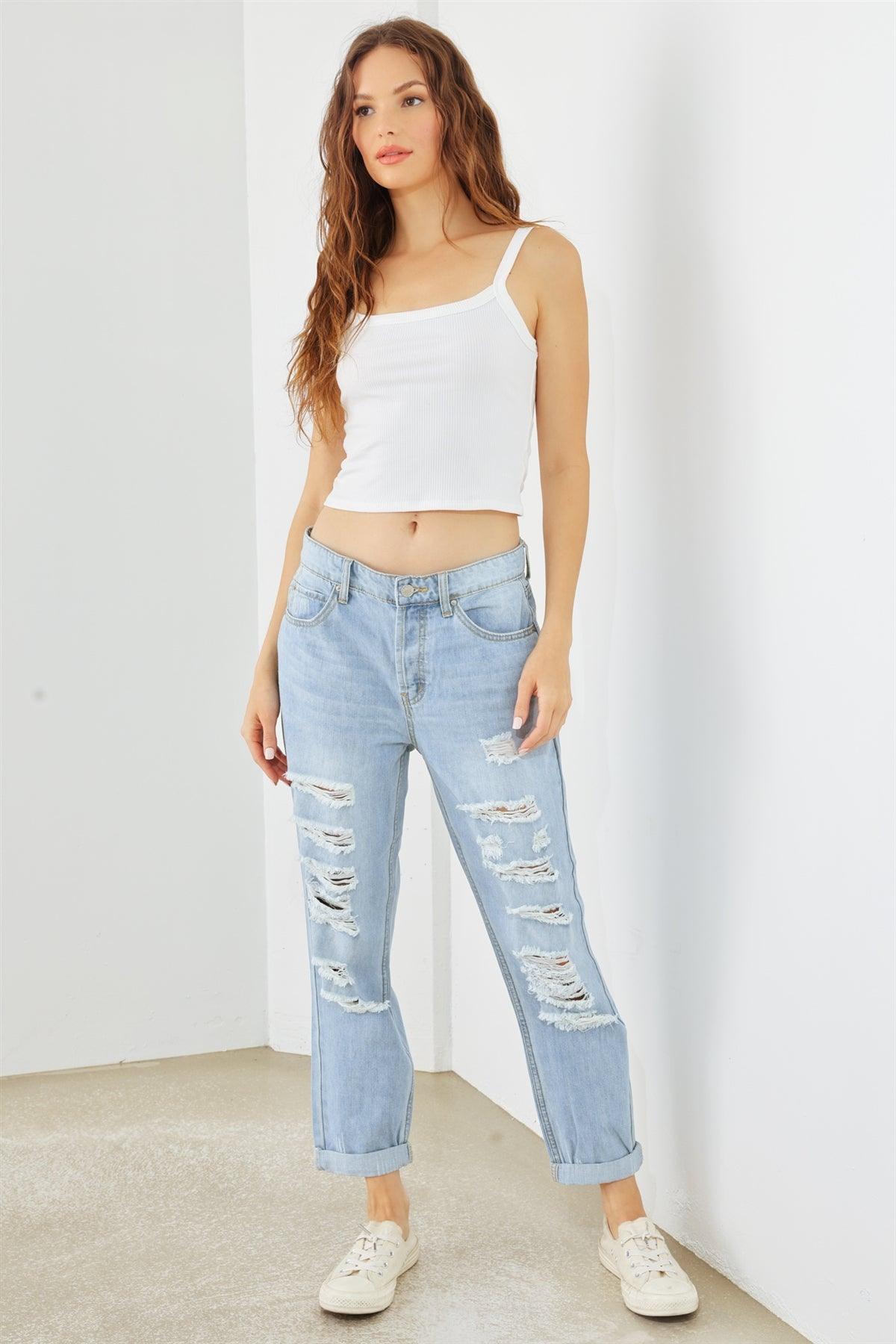 Light Blue Denim Cotton Ripped High Waist Jeans  - 16