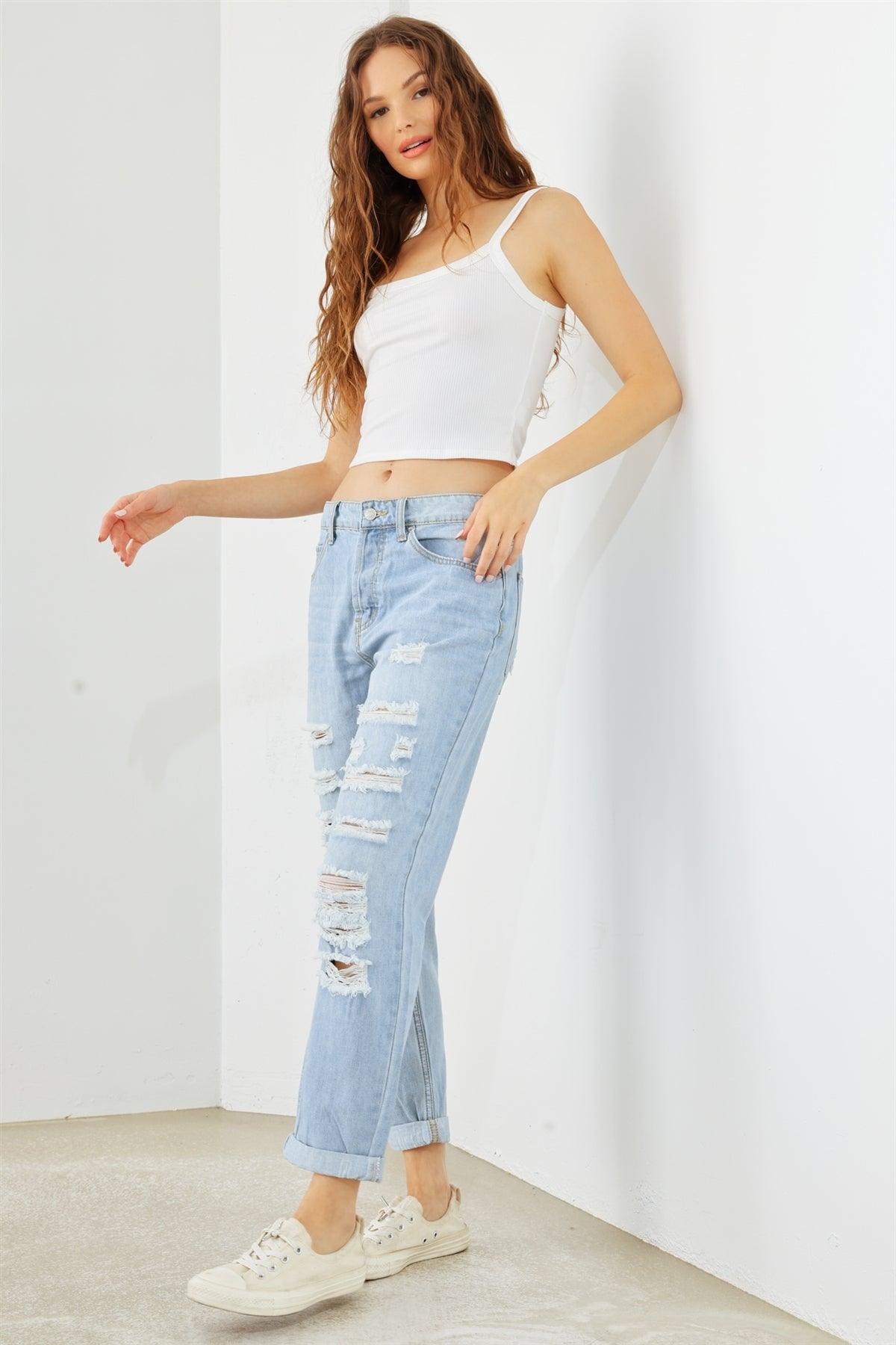 Light Blue Denim Cotton Ripped High Waist Jeans  - 16