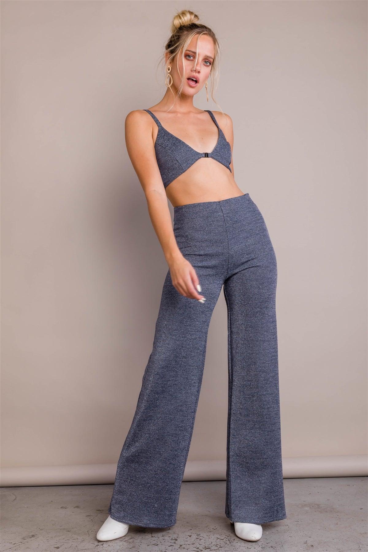 Glitter Charcoal Triangle Crop Top & Maxi Wide Leg Pant Set /2-2-1