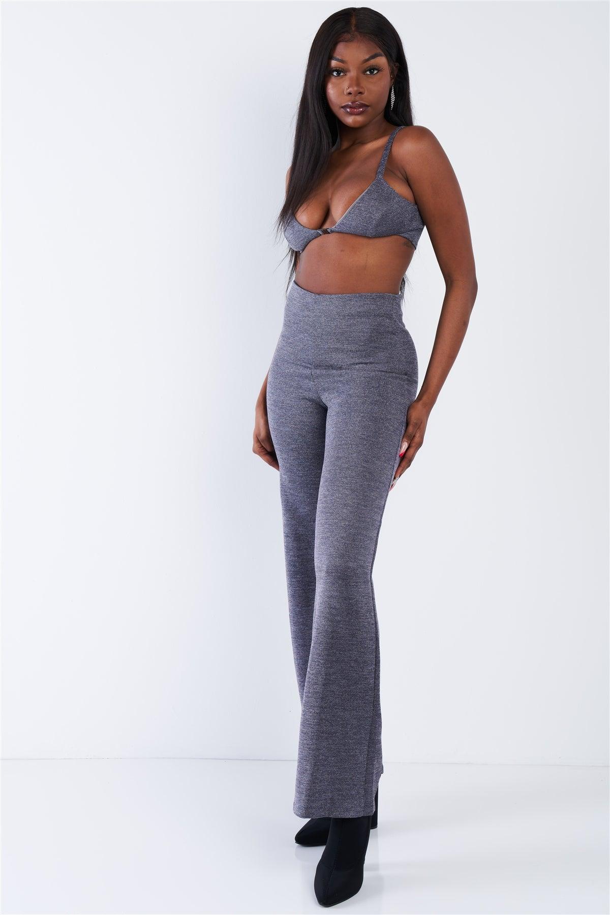 Glitter Charcoal Triangle Crop Top & Maxi Wide Leg Pant Set /2-2-1