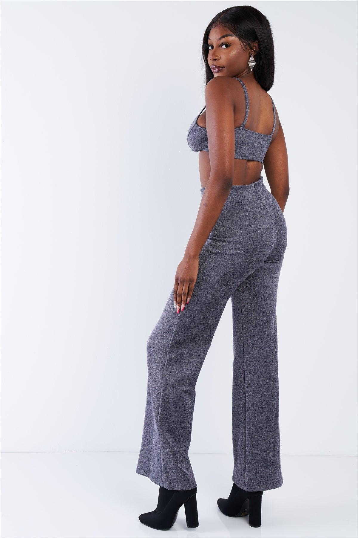 Glitter Charcoal Triangle Crop Top & Maxi Wide Leg Pant Set /2-2-1