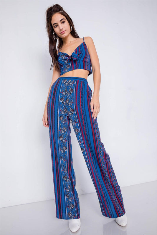 Marine Blue Multi Boho Print Cut Out Crop Top & Chic High Waist Wide Leg Pant Set  /3-2-1