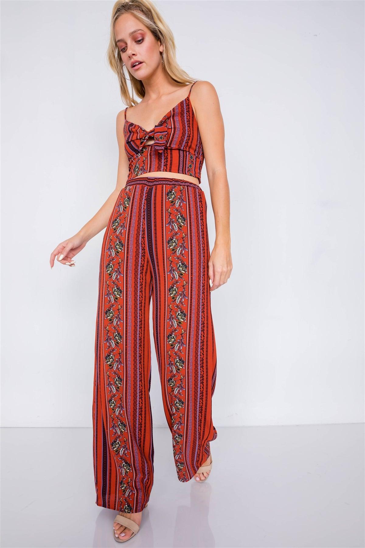 Rust Multi Boho Print Cut Out Crop Top & Chic High Waist Wide Leg Pant Set  /2-2-1