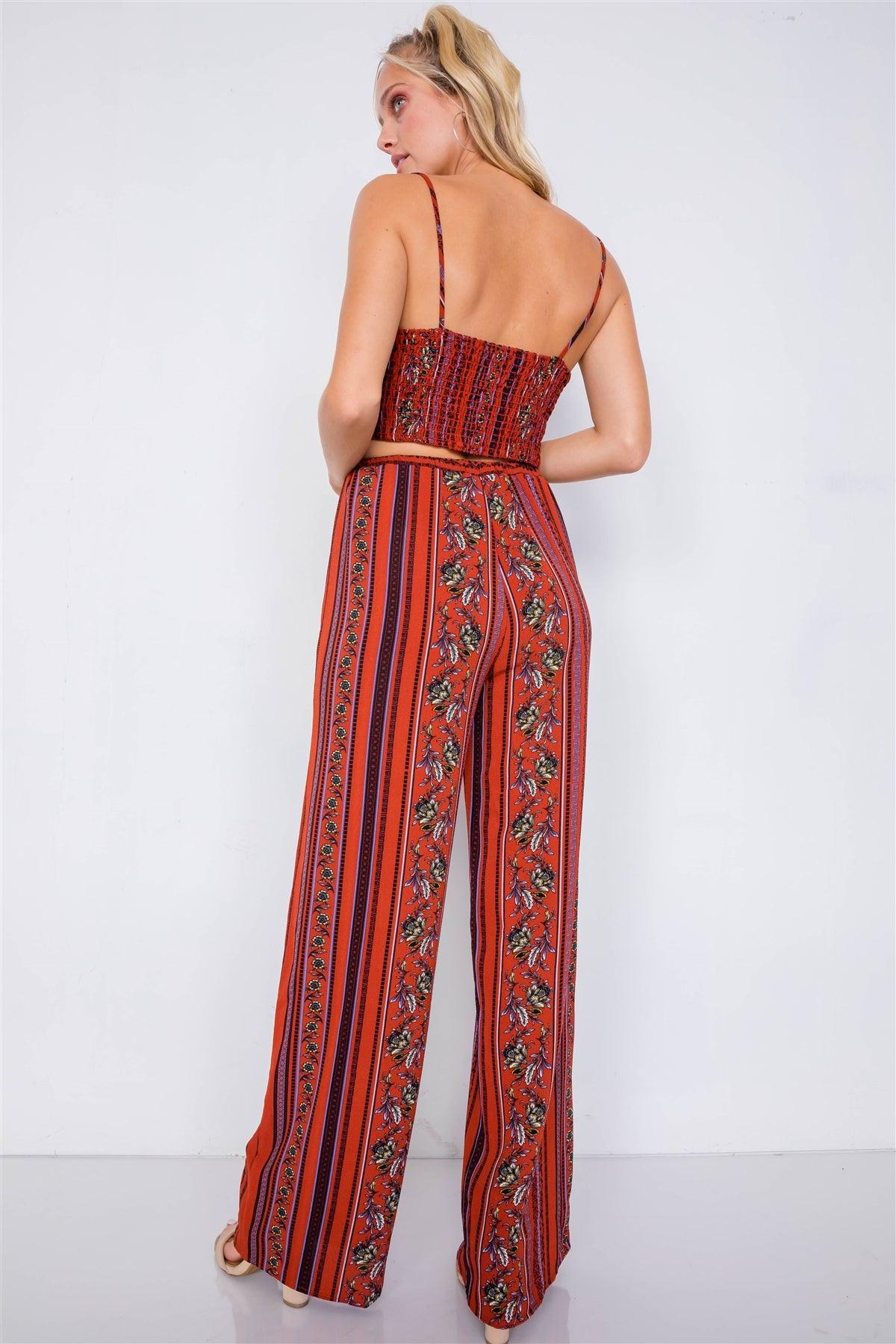 Rust Multi Boho Print Cut Out Crop Top & Chic High Waist Wide Leg Pant Set  /2-2-1