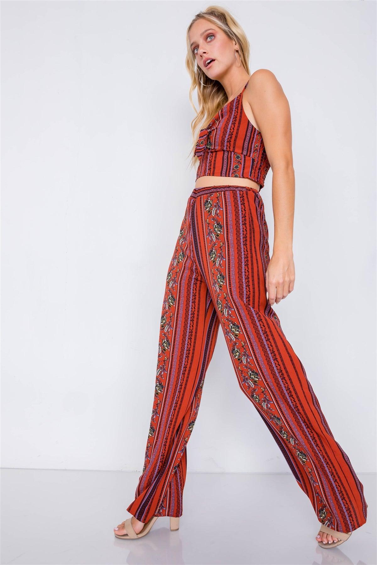 Rust Multi Boho Print Cut Out Crop Top & Chic High Waist Wide Leg Pant Set  /2-2-1