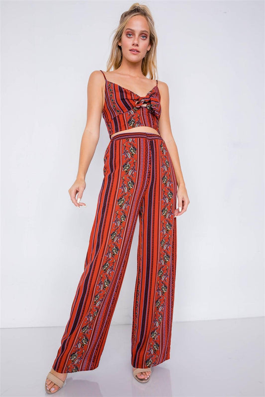 Rust Multi Boho Print Cut Out Crop Top & Chic High Waist Wide Leg Pant Set /3-2-1