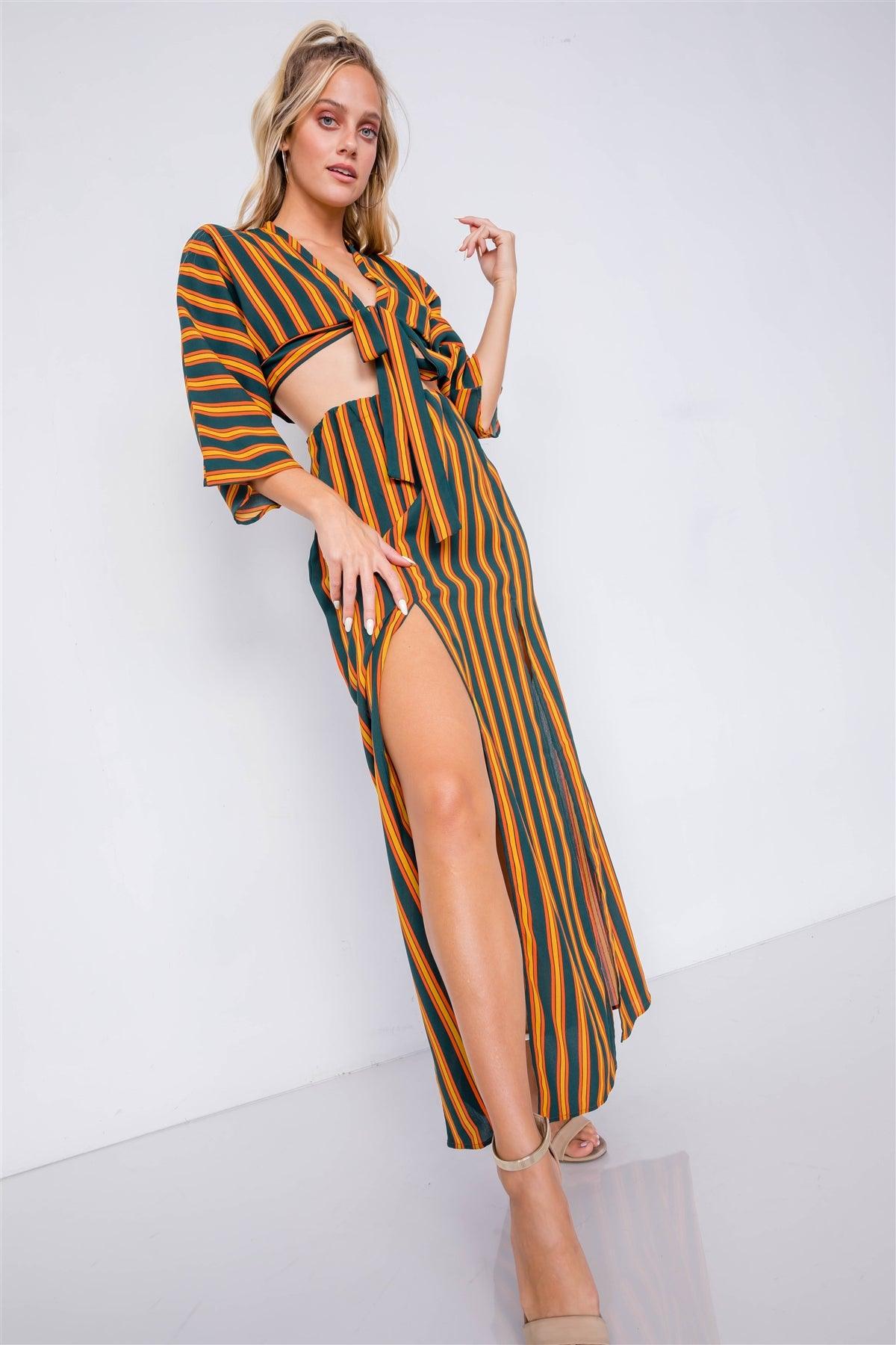 Green Mustard Multi Stripe Crop Top & Maxi Slit Skirt Set /3-2-1