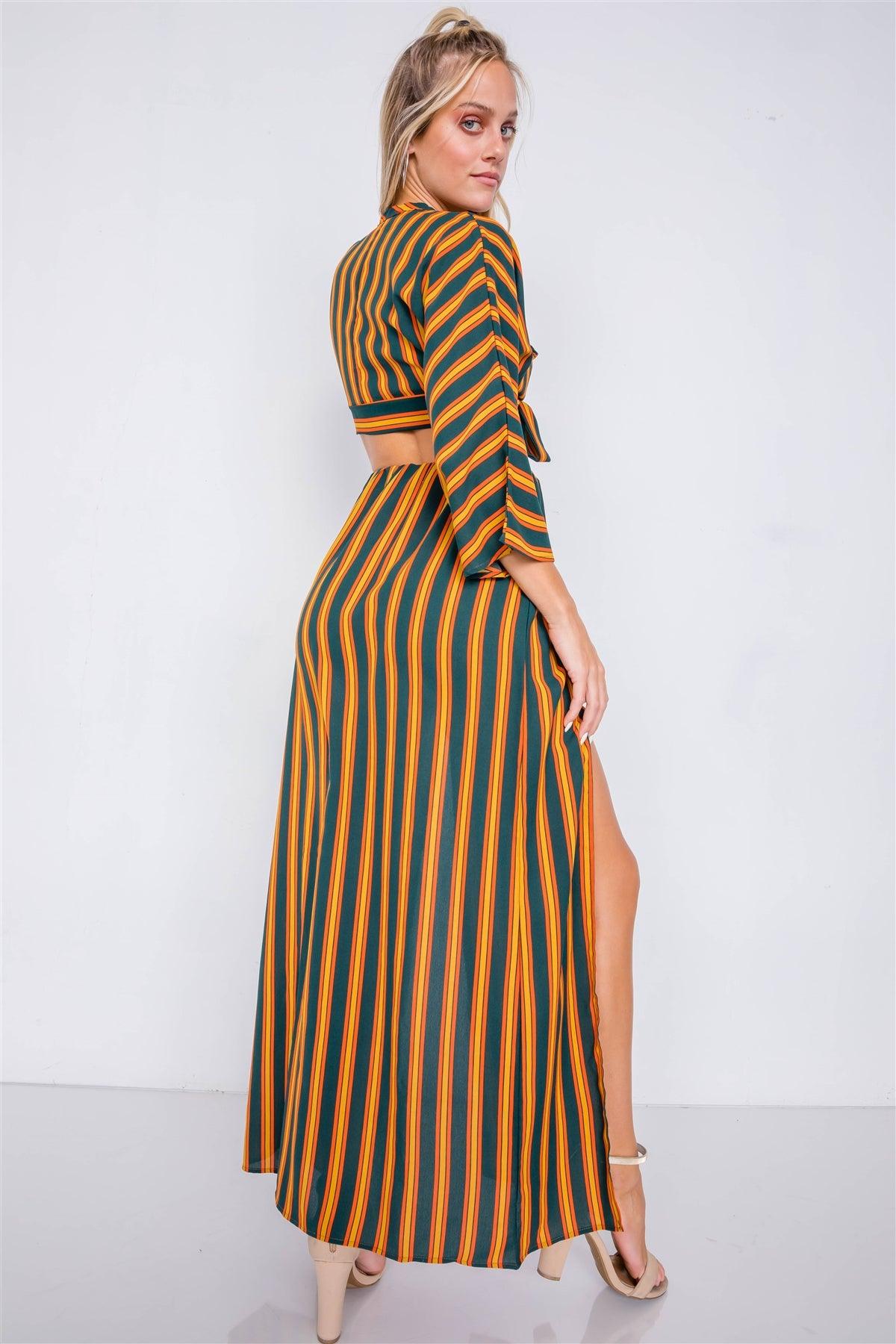 Green Mustard Multi Stripe Crop Top & Maxi Slit Skirt Set /3-2-1