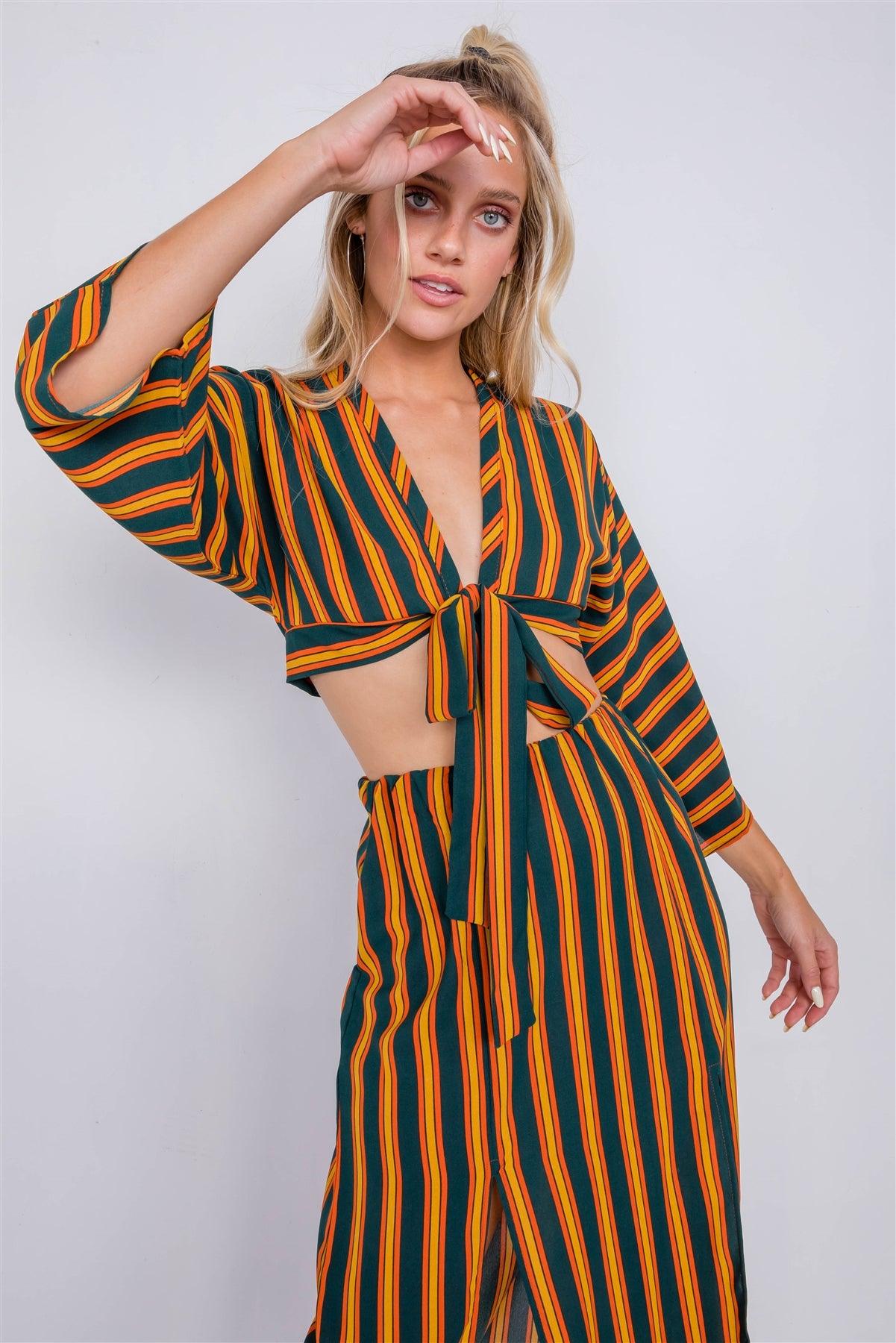 Green Mustard Multi Stripe Crop Top & Maxi Slit Skirt Set /3-2-1