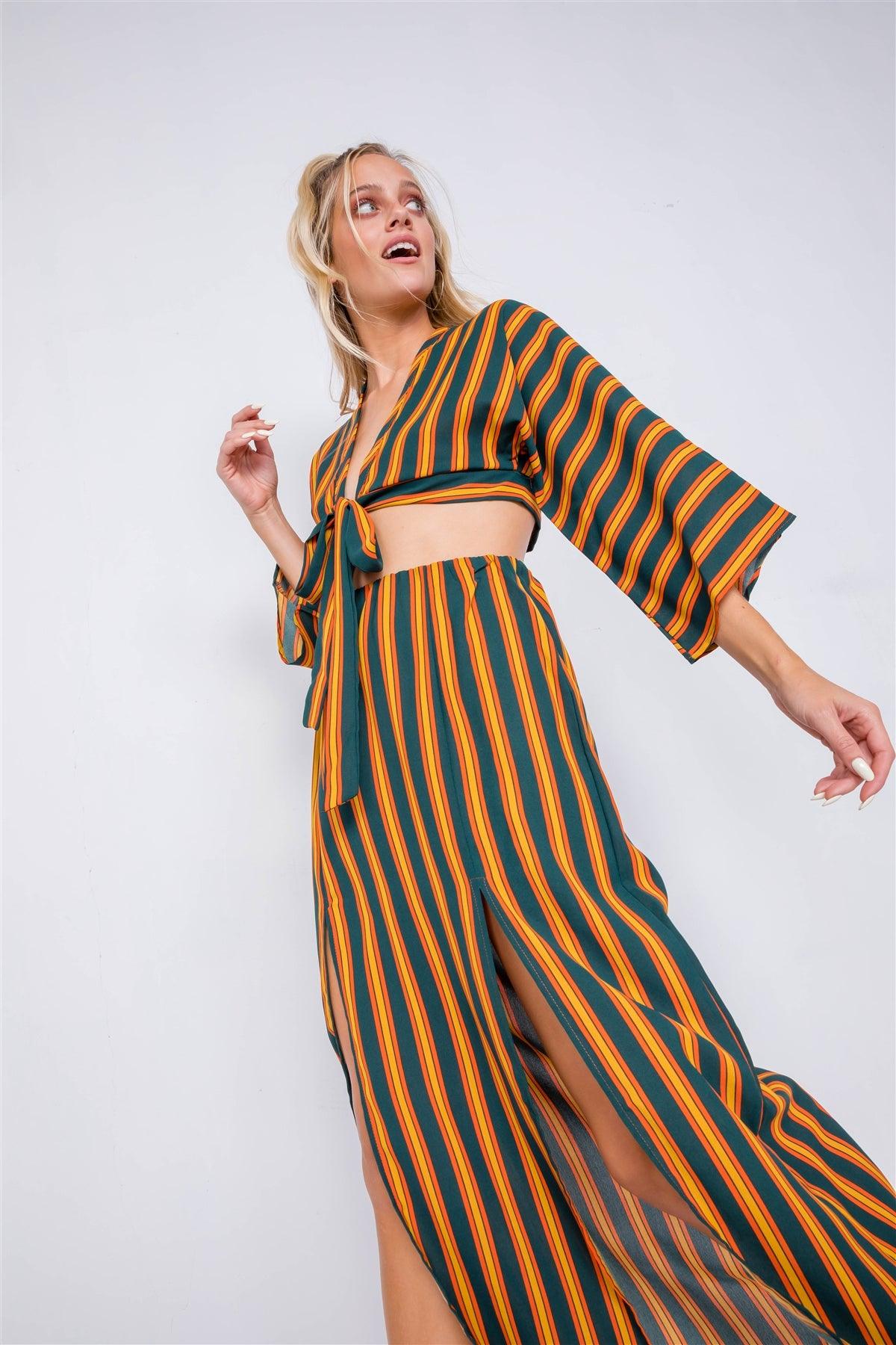 Green Mustard Multi Stripe Crop Top & Maxi Slit Skirt Set /3-2-1