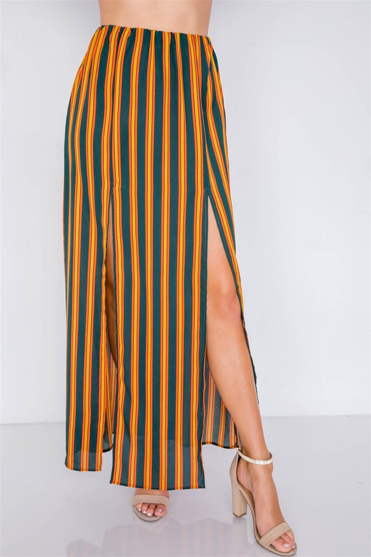 Green Mustard Multi Stripe Crop Top & Maxi Slit Skirt Set /3-2-1