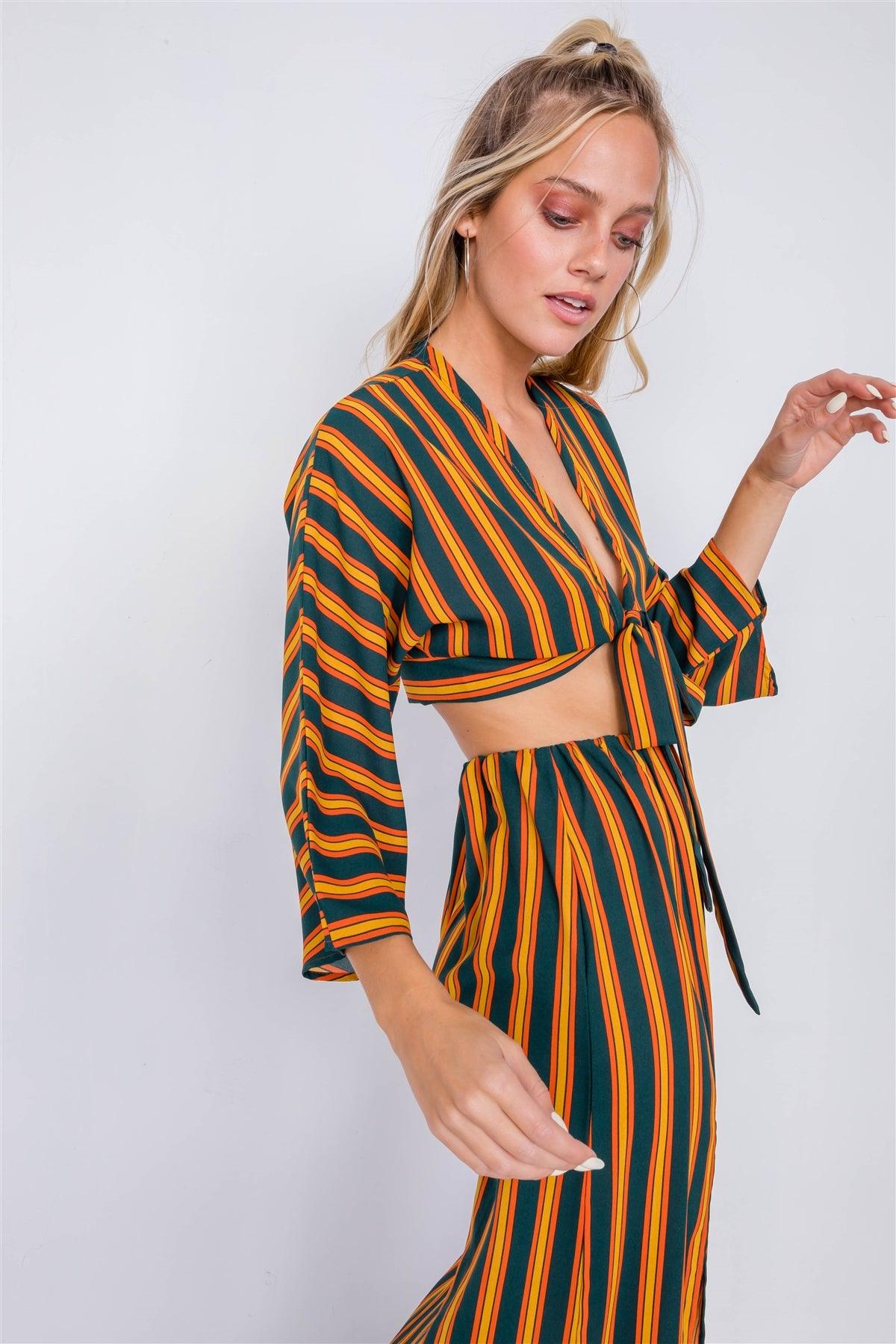 Green Mustard Multi Stripe Crop Top & Maxi Slit Skirt Set /3-2-1