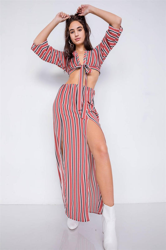 Rust Green Multi Stripe Crop Top & Maxi Slit Skirt Set /3-2-1