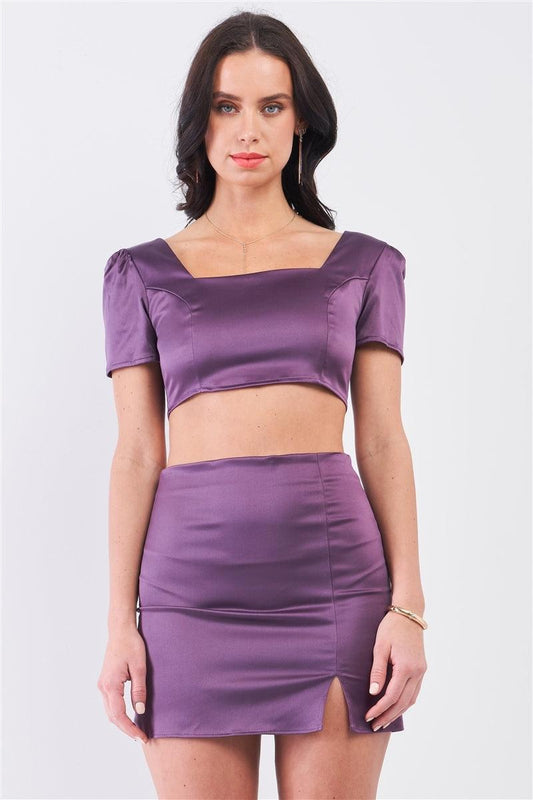 Purple Satin Effect Square Neck Crop Top & High Waist Slit Detail Mini Skirt Set /1-2-2