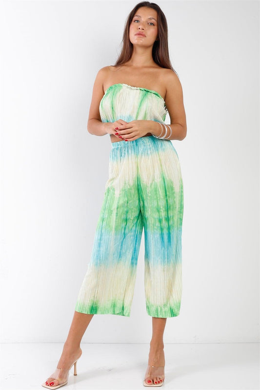 Tie-Dye Green & Blue Acid Wash Pleated Sleeveless Strapless Crop Top & High Waist Wide Pants Set /3-2-1