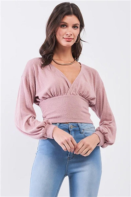 Mauve Fluffy Knit Plunge V-Neck Long Balloon Sleeve Crop Top