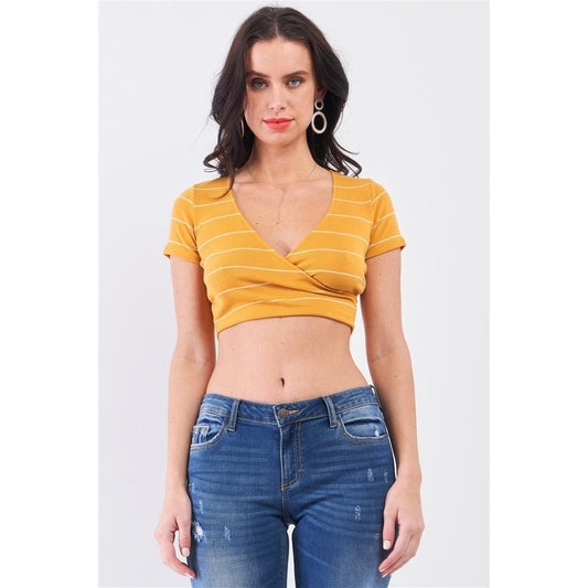 Mustard & Ivory Striped V-Neck Wrap Front Crop Top