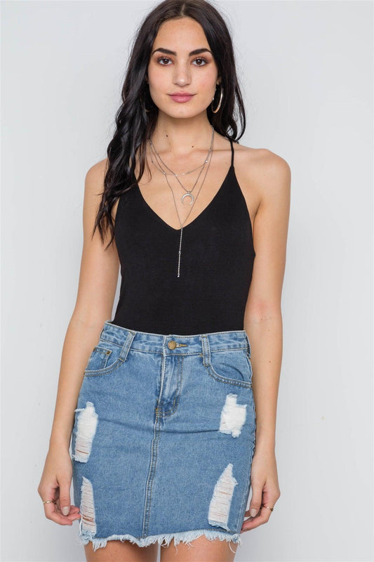 Black Cami Strappy V-Neck Solid Bodysuit /2-1